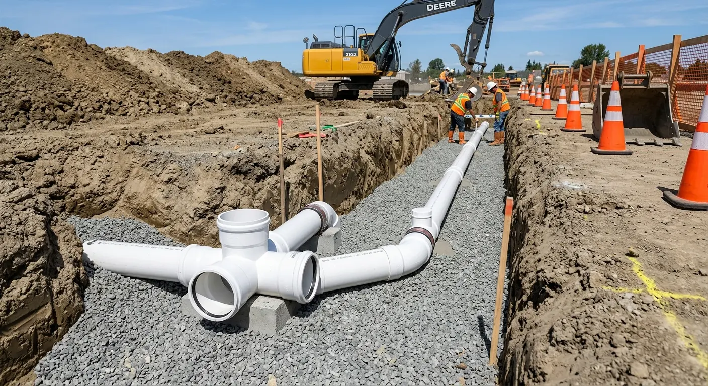 New PVC sewer pipe installation in open trench for Grease Trap Cleaning in Selma
