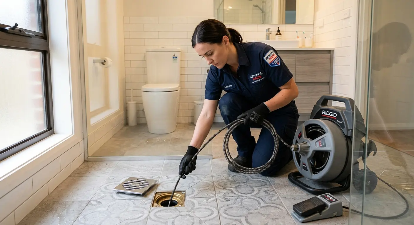 Technician clearing a bathroom floor drain for Sewer Line Replacement in Selma